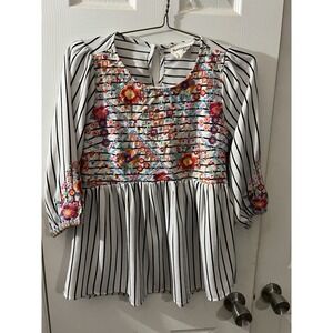 Savanna Jane Women's Top Boho Floral Embroidered Striped Multicolor Size Small
